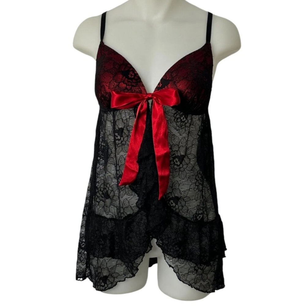 Y2K APT 9 Red & Black Gothic Victorian Lace Tie Front Ruffle Babydoll Teddy Slip